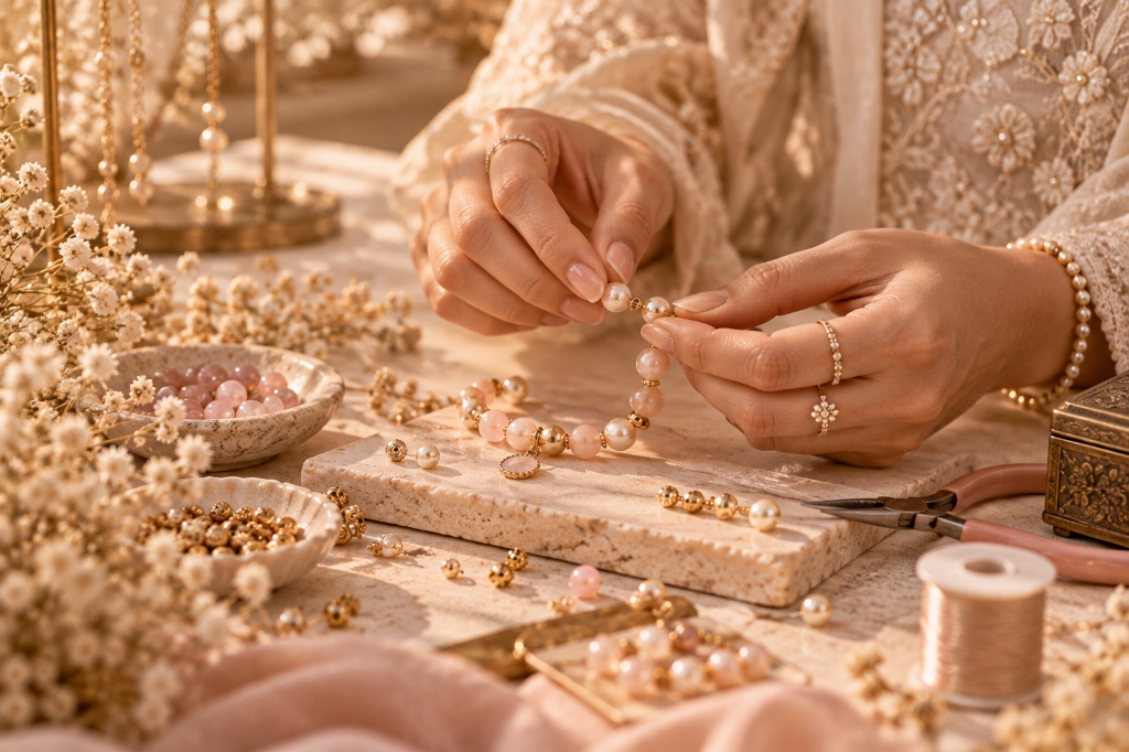 Hands holding pearl bead strands