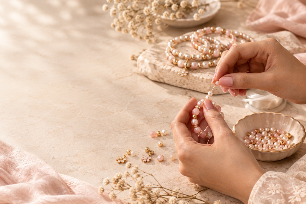 Artisan hands stringing pearl beads